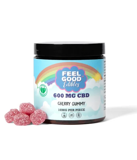 600 MG CBD cherry gummy jar with pink gummies displayed in front, featuring colorful packaging with a rainbow design.