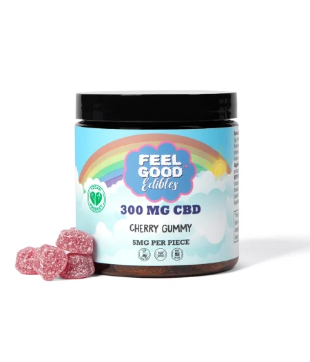 300MG CBD cherry gummy jar with several gummies nearby, showcasing vibrant packaging and nutritional details.