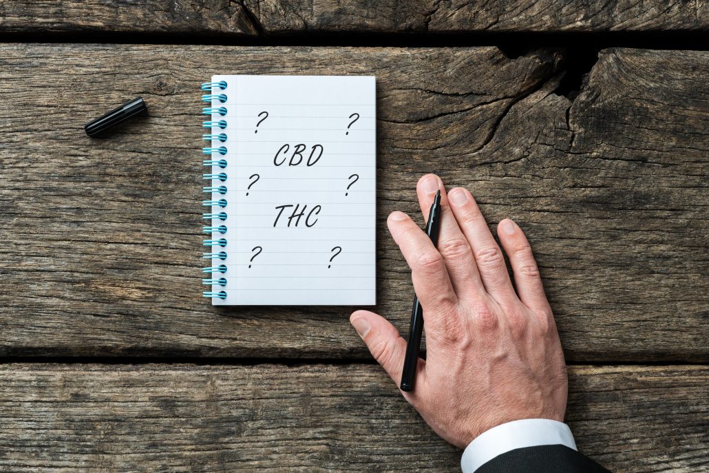 Notepad with questions about CBD and THC, alongside a person's hand holding a pen, set on a wooden surface.
