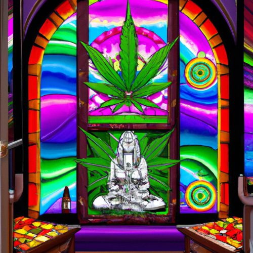 Stained glass window featuring a figure meditating with a cannabis leaf in a vibrant, colorful setting.