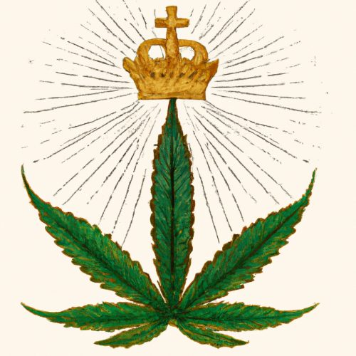 Crown above a stylized cannabis leaf with rays of light, representing the connection between celebrities and CBD.