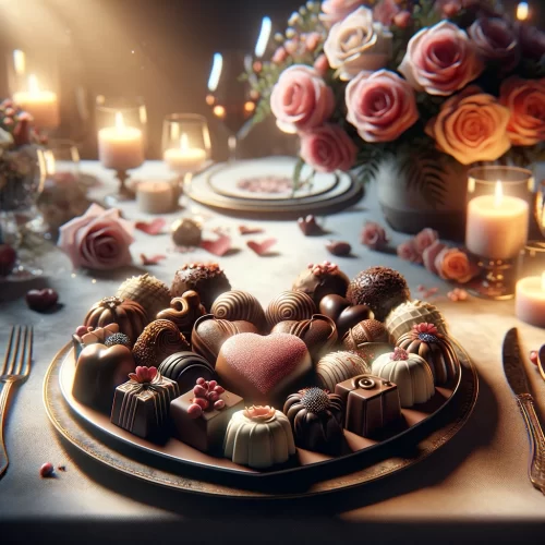 A beautifully arranged platter of chocolates and sweets surrounded by roses and candles, perfect for Valentine's Day gifting.