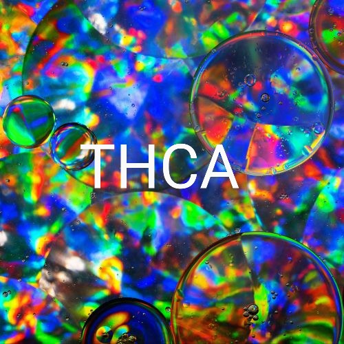 Colorful abstract patterns with circular shapes and the text "THCA" layered in the center.