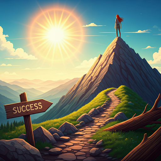 Person standing triumphantly on a mountain peak, overlooking a winding path and a sign pointing to "Success" under a bright sun.
