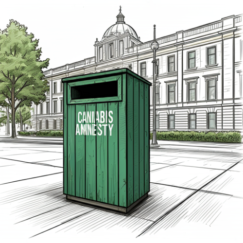 A green cannabis amnesty box positioned in front of a historic building, surrounded by trees and sidewalks.