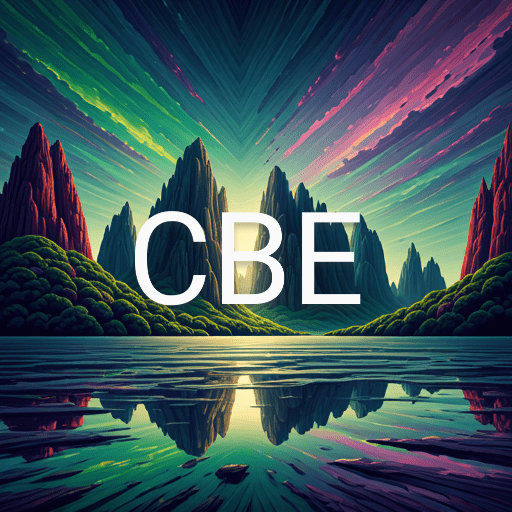 Colorful landscape with mountains and water, featuring the text "CBE" prominently in the center.