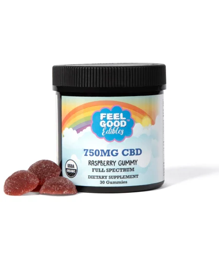 750MG full spectrum raspberry CBD gummies in a jar with three gummies beside it, labeled as a dietary supplement.